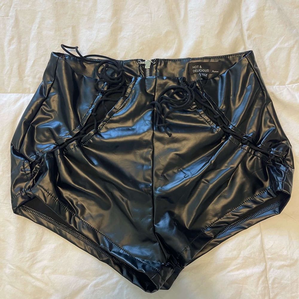 Hot & Delicious Shiny Black High Waist Shorts- Medium